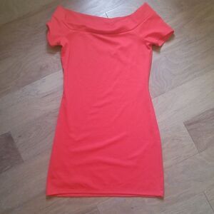 Zara Bright Coral Off-Shoulder Mini Dress